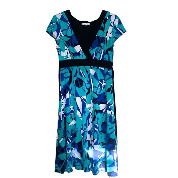 Dressbarn Blue Floral Print Short Sleeve Neck Midi Tie Waist Formal Dress Size 6 - Picture 1 of 5
